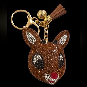 Rhinestone Rudolph Reindeer Bag Charm Keychain with Tassel